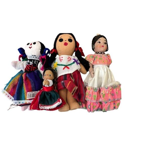 Lot of 4 Mexican Handcrafted Cloth Rag Doll Mexico Cloth Hard Plastic Ethnic - Picture 1 of 7